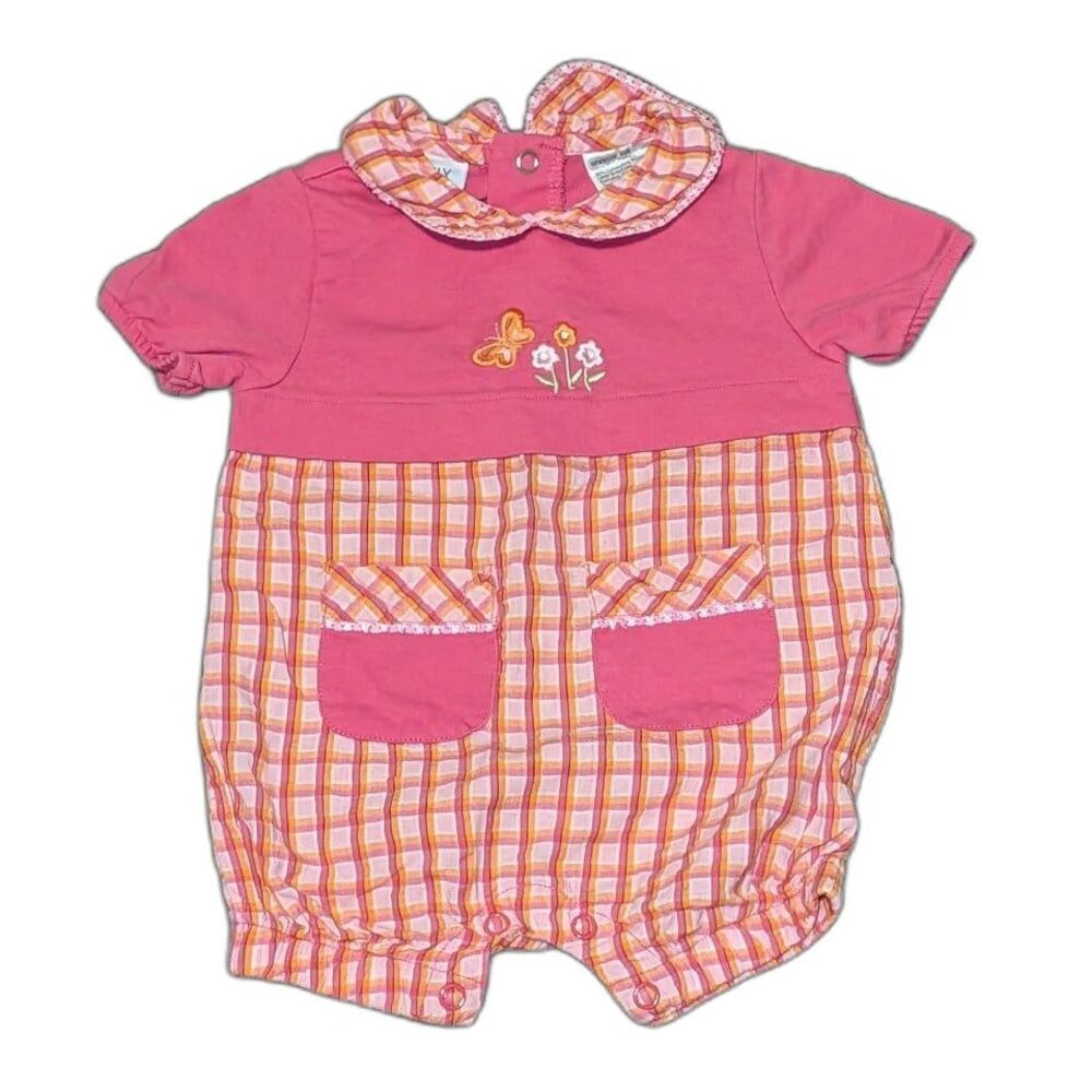 Vintage Y2K Baby Girl Pink/Orange Romper Embroidered Butterfly/Flowers 3-6m